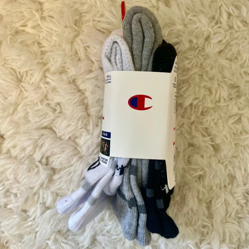 Champion Kids 3 Pair Crew Socks Sport Performance Cushion Small White Grey Black